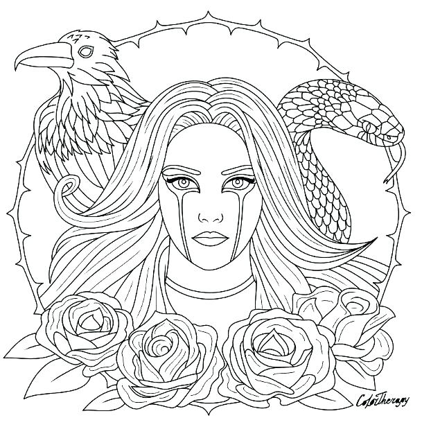 Free Gothic Coloring Pages Girl with Eagle and Snake printable