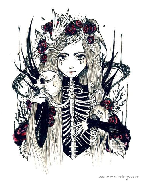Free Gothic Coloring Pages Skeleton Death Girl printable