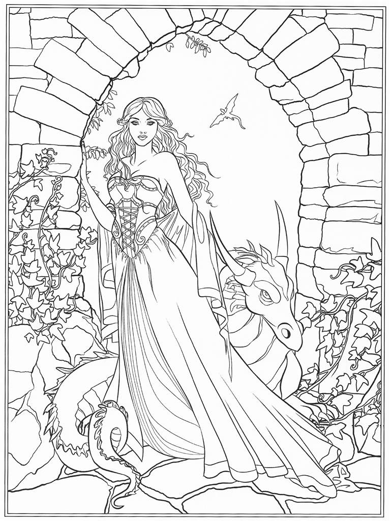 Free Gothic Girl and Dragon Coloring Pages printable