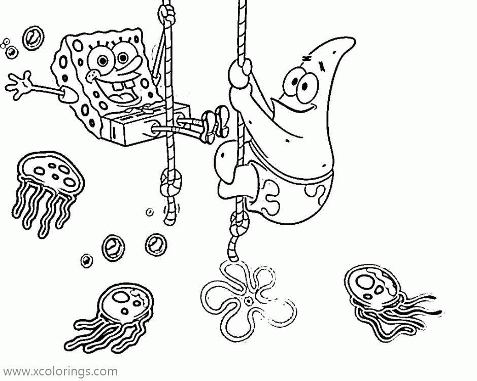 Free Jellyfishes and Spongebob Coloring Page printable