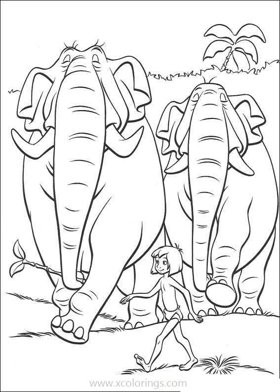 Free Jungle Book Coloring Pages Mowgli and Elephants printable