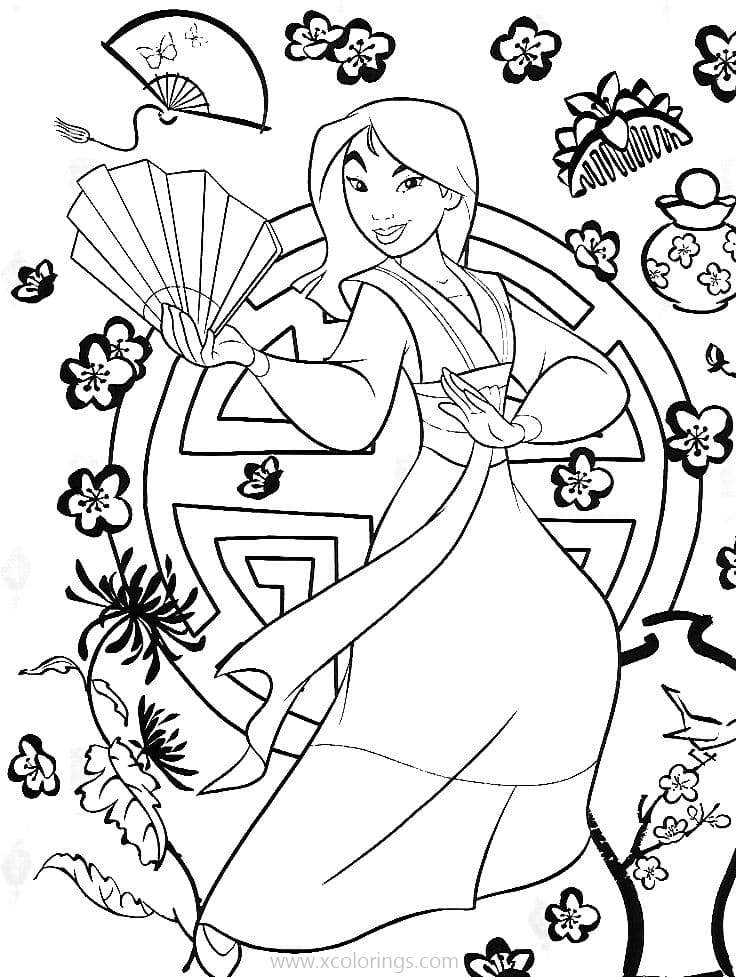 Free Mulan Coloring Pages Dancing with Fan printable