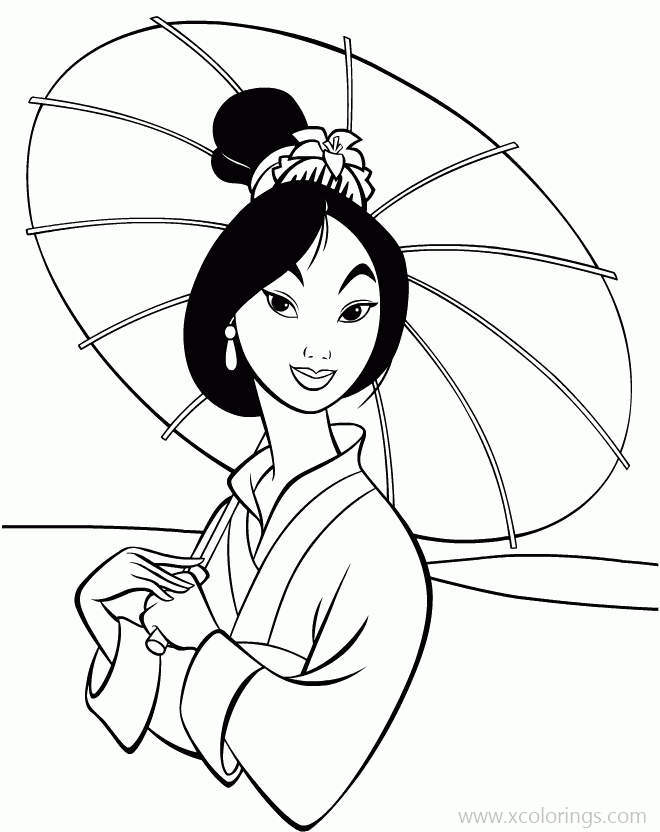 Free Mulan Coloring Pages with Chinese Umbrella printable