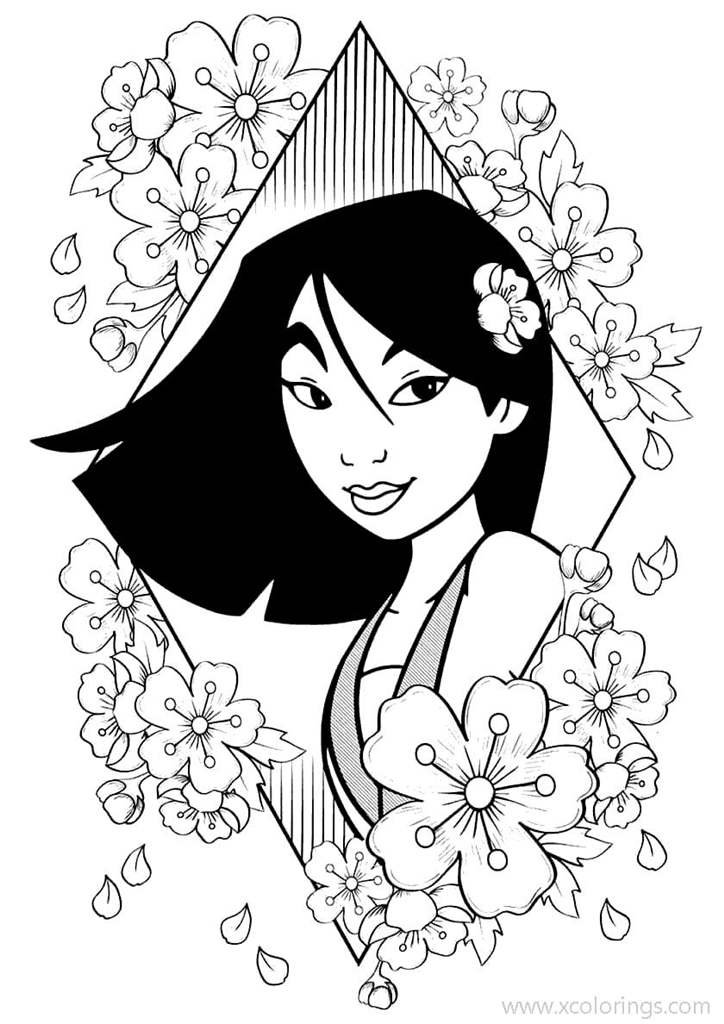 Free Mulan Coloring Pages with Flower Frame printable
