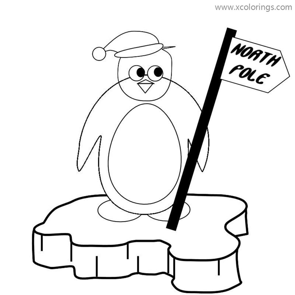 Free Penguin with North Pole Flag Coloring Pages printable