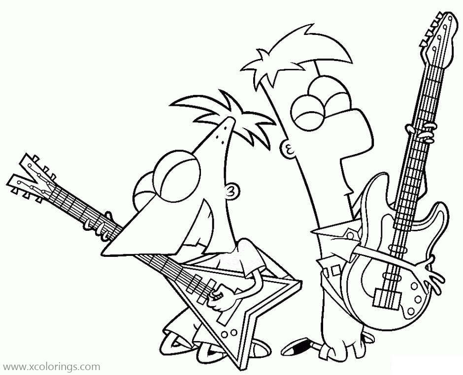 Free Phineas and Ferb Play Guitars Coloring Pages printable