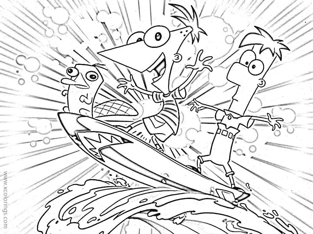 Free Phineas and Ferb Surfing with Perry Coloring Pages printable