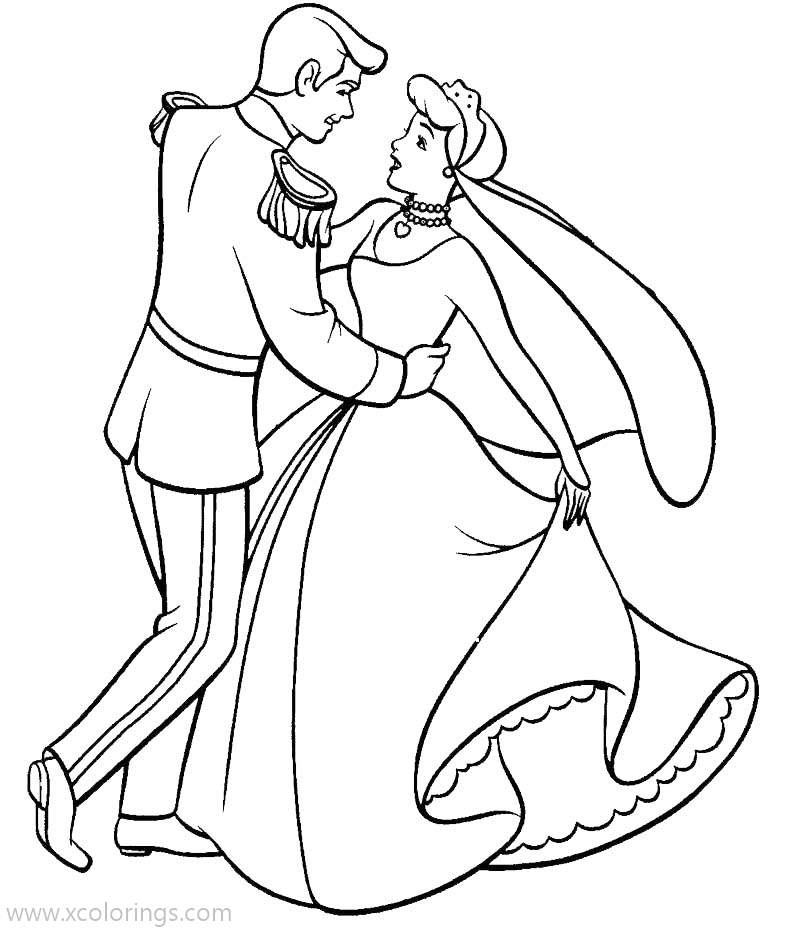 Free Princess Cinderella and Prince Dancing Coloring Pages printable