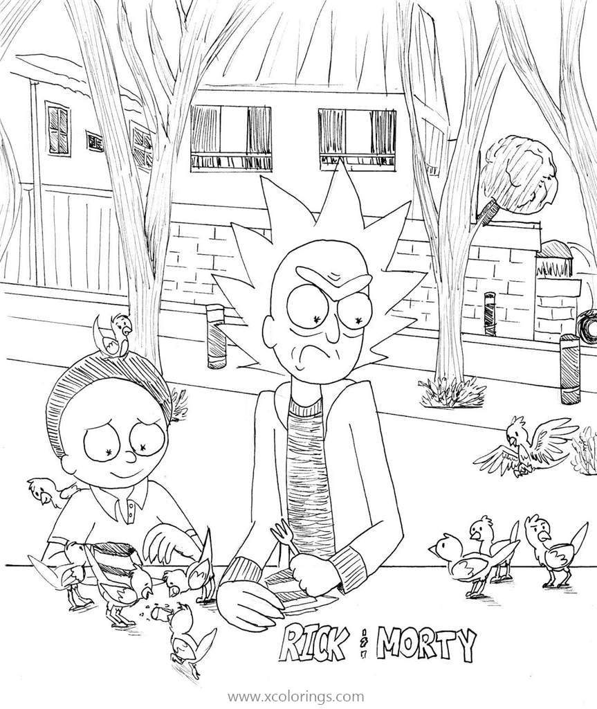 Free Rick and Morty Coloring Pages Morty is Feeding Birds printable