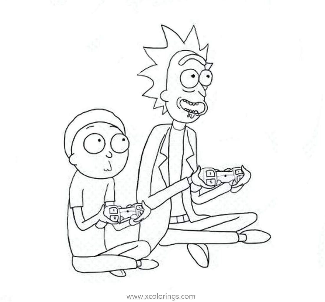 Free Rick and Morty Playing Video Game Coloring Pages printable