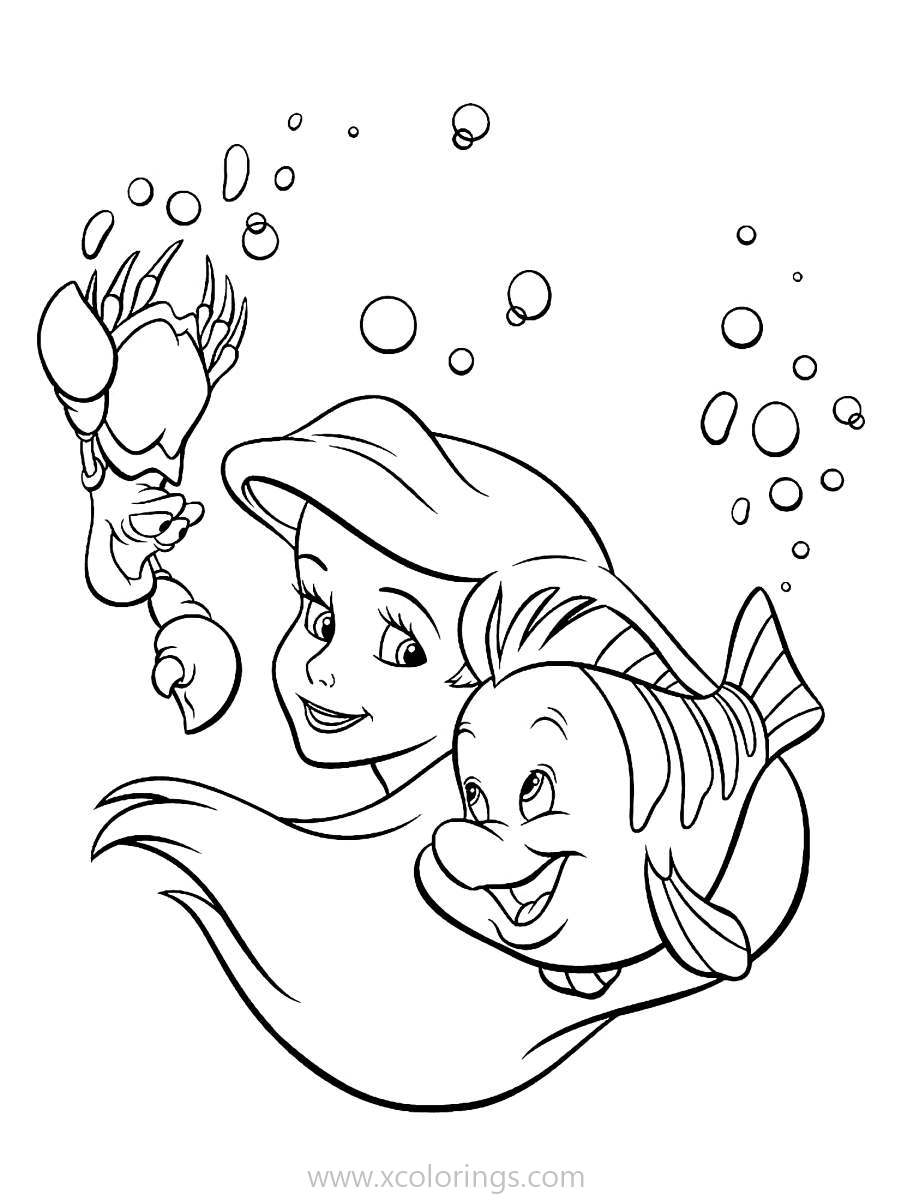 Free Ariel Coloring Pages with Sebastian and Flounder printable