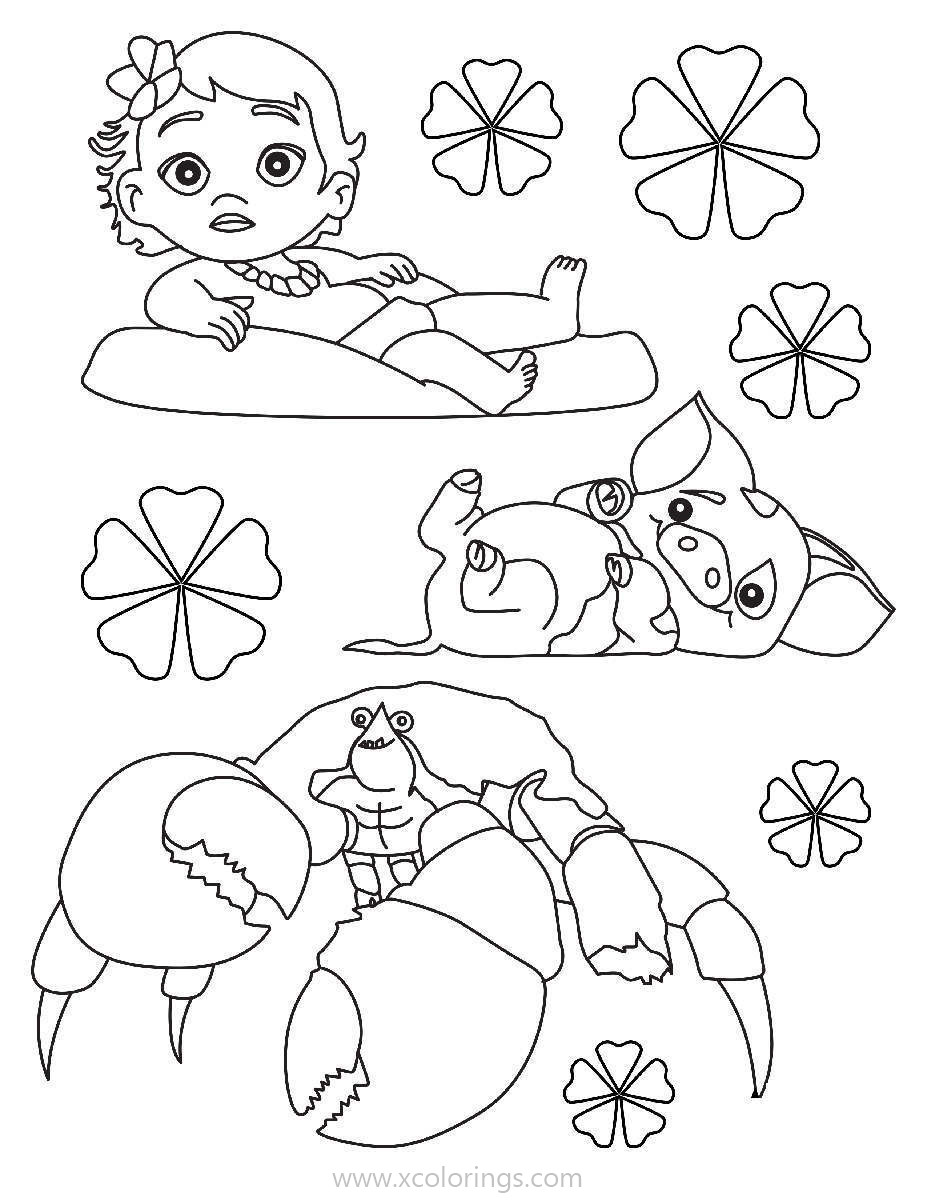 Free Baby Moana Coloring Pages with Pig and Crab printable