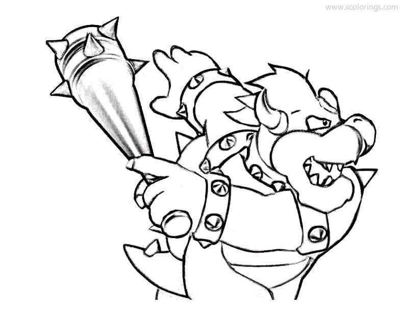Free Bowser Coloring Pages with Mace Weapon printable