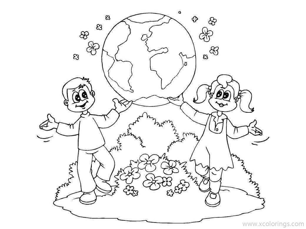 Free Earth with Boy and Girl Coloring Pages printable