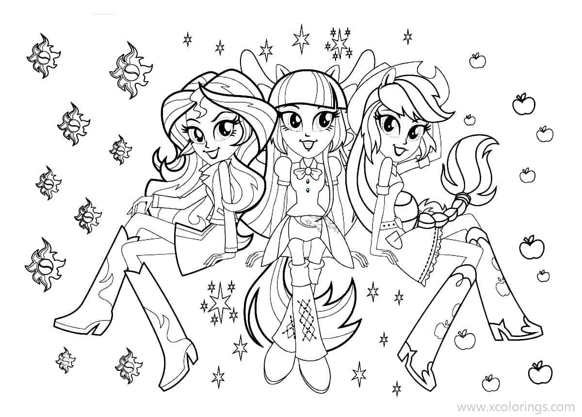 Free Equestria Girls Applejack Fluttershy and Twilight Sparkle coloring page printable
