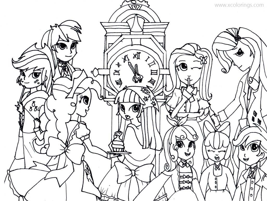 Free Equestria Girls and Clock Coloring Pages printable