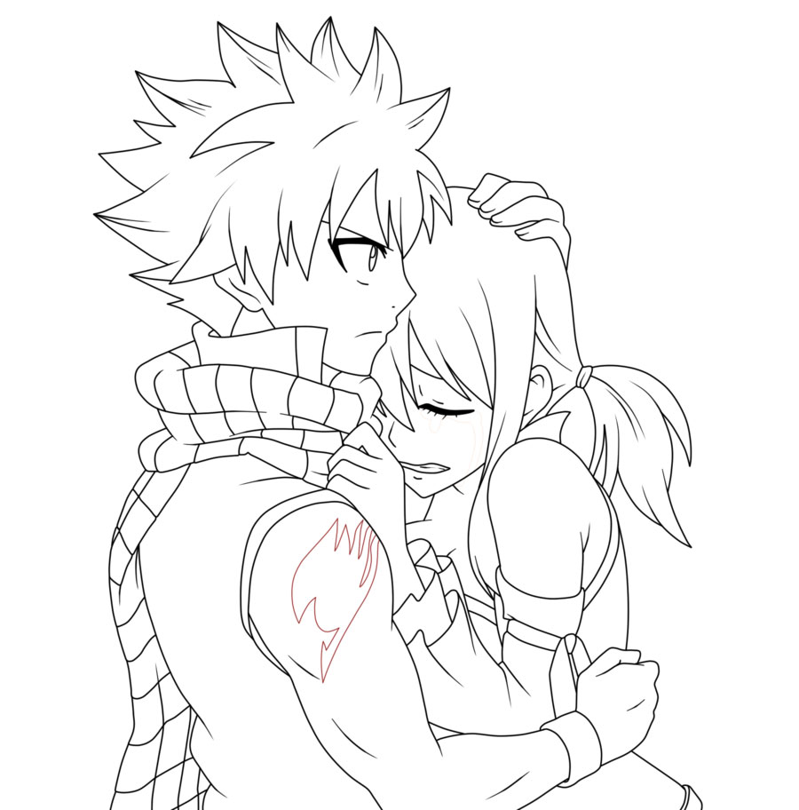 Free Fairy Tail Coloring Page Natsu Hugs Lucy printable