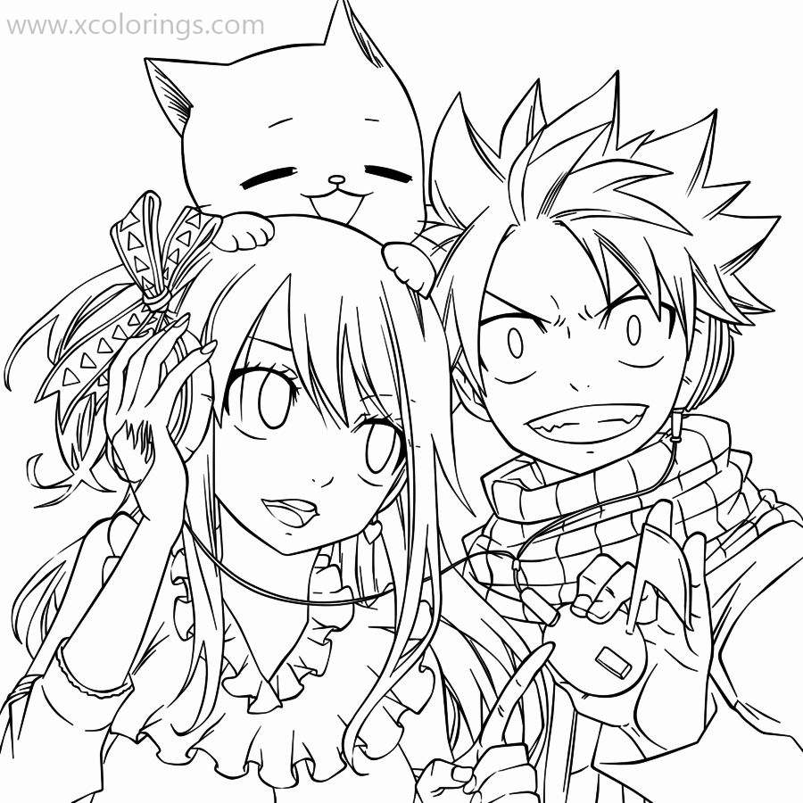 Free Fairy Tail Coloring Pages Lucy Natsu and Happy printable