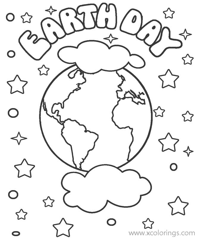 Free Happy Earth Day Coloring Pages Earth Stars and Clouds printable
