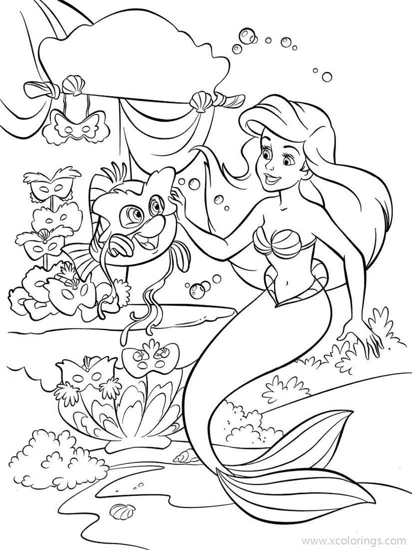 Free Little Mermaid Coloring Pages Flounder with Mask printable