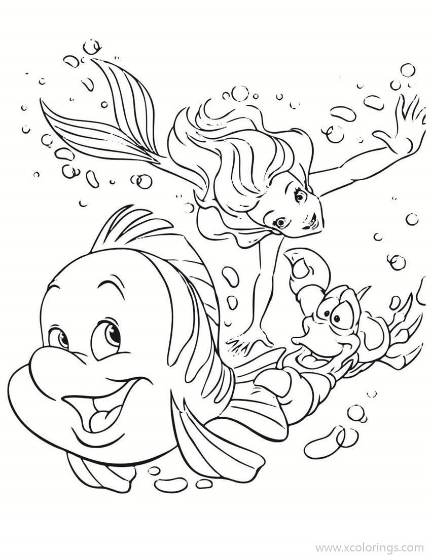 Free Little Mermaid Playing with Flounder and Sebastian Coloring Pages printable