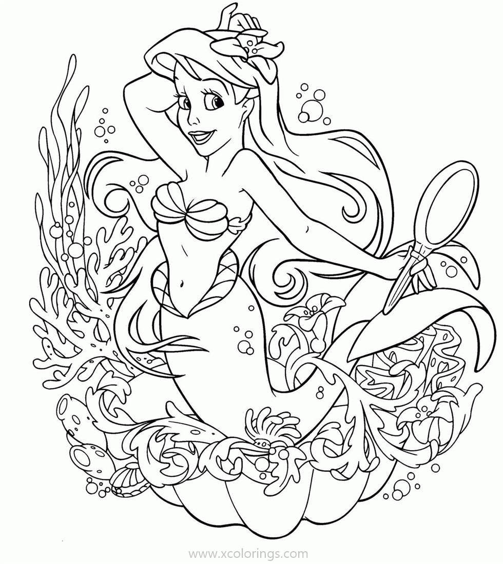 Free Little Mermaid with A Mirror Coloring Pages printable