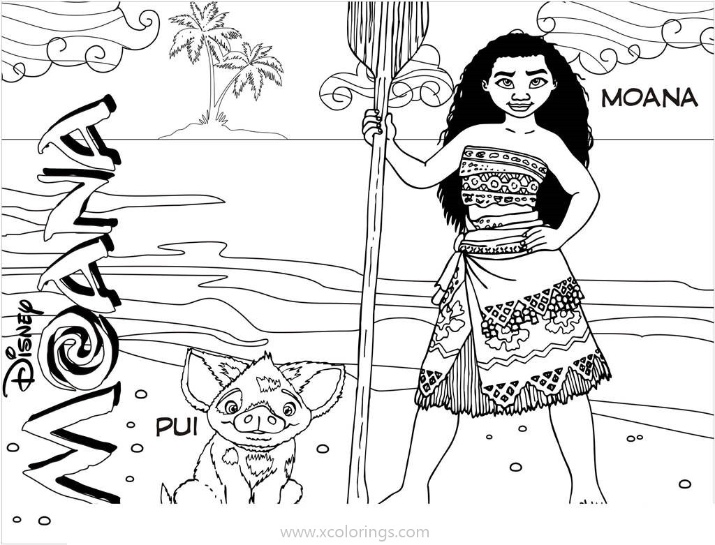 Free Moana and Pua On The Beach Coloring Page printable