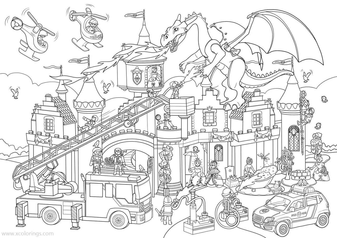 Free Playmobil Coloring Pages Fiery Dragon Attacked The Castle printable