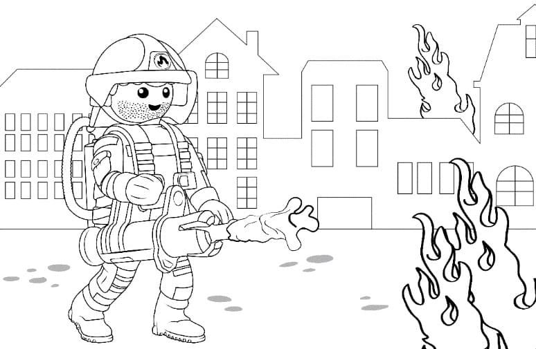Free Playmobil Coloring Pages Firefighter with Water Cannon printable