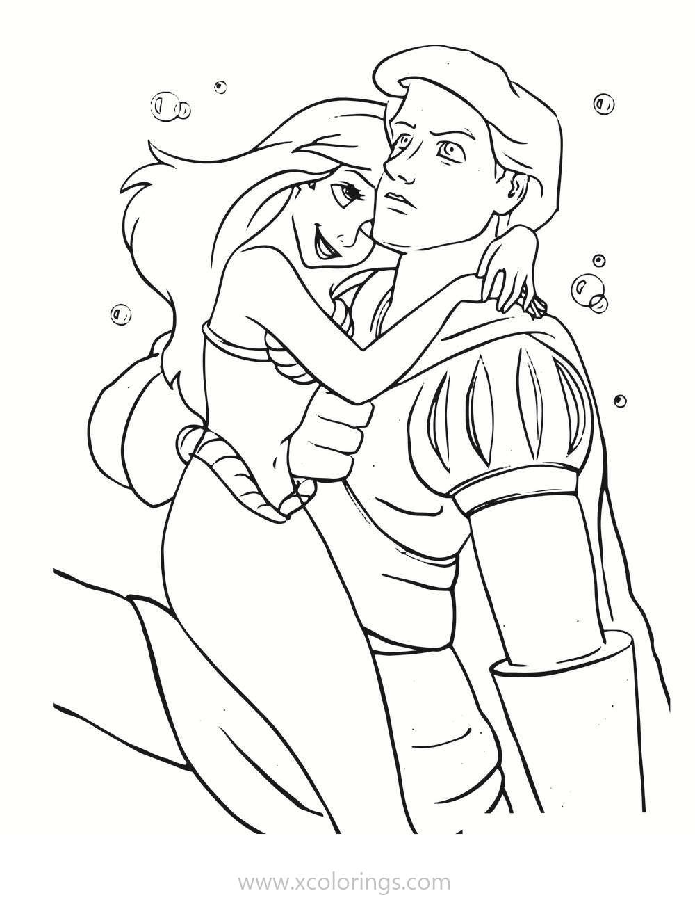 Free Prince Eric Hugging Princess Ariel Coloring Pages printable