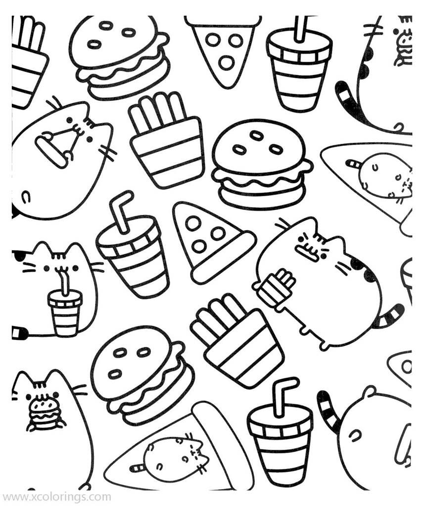 Free Pusheen Cat Coloring Pages with Pizza Hamburger and Cola printable