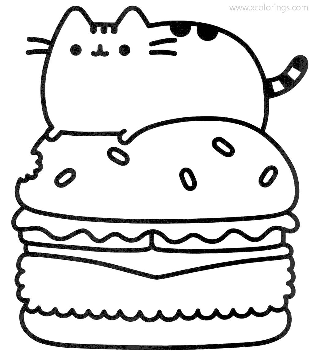 Free Pusheen Cat On Hamburger Coloring Pages printable