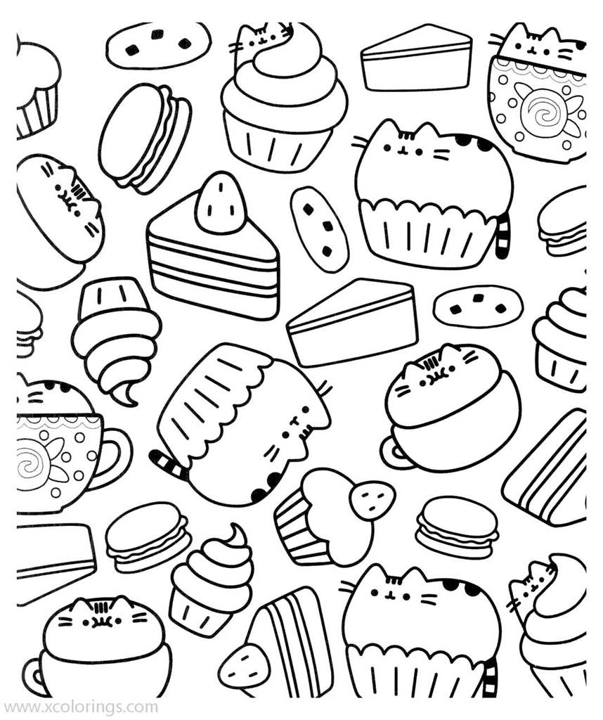 Free Pusheen Coloring Pages with Cupcakes Sandwiches and Hamburger printable