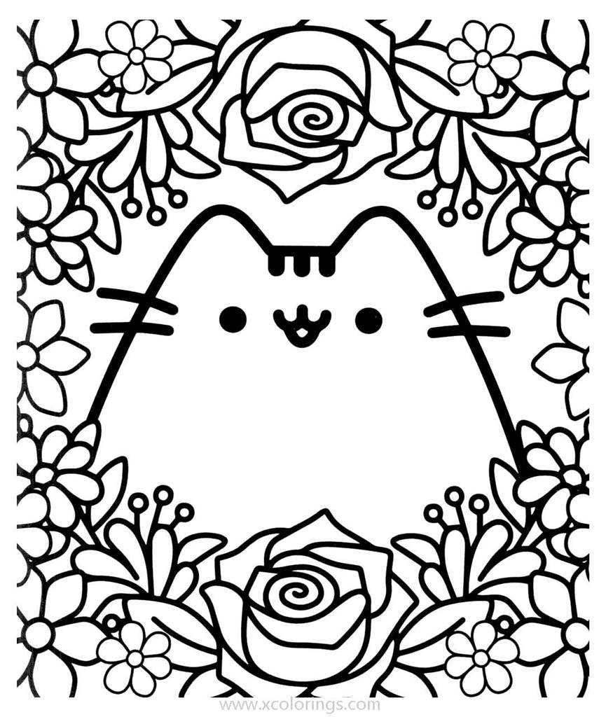 Free Pusheen with Flowers Coloring Pages printable