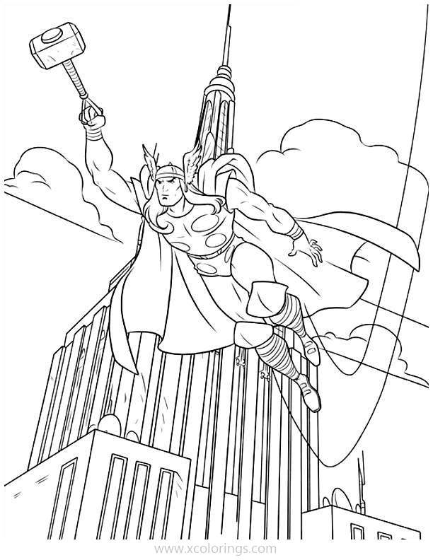 Free Thor Coloring Pages Flying with Hammer printable