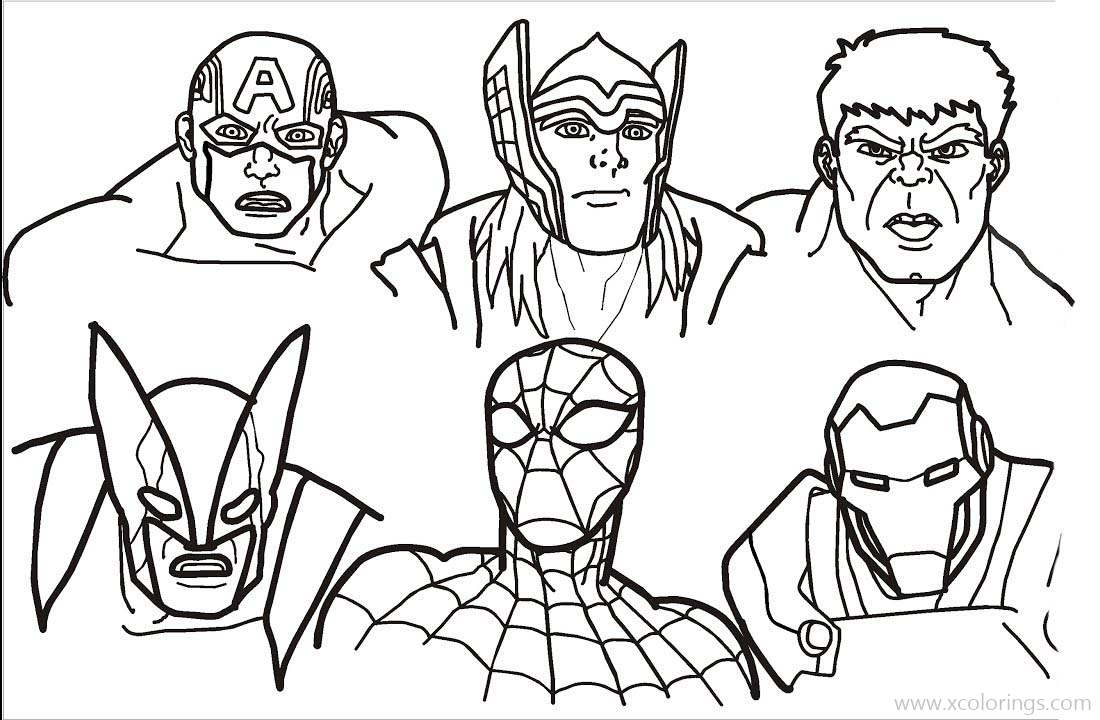 Free Thor with Spiderman Iron Man Hulk Wolverine Coloring Pages printable