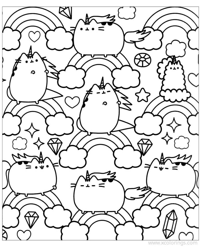 Free Unicorn Pusheen with Rainbow Coloring Pages printable