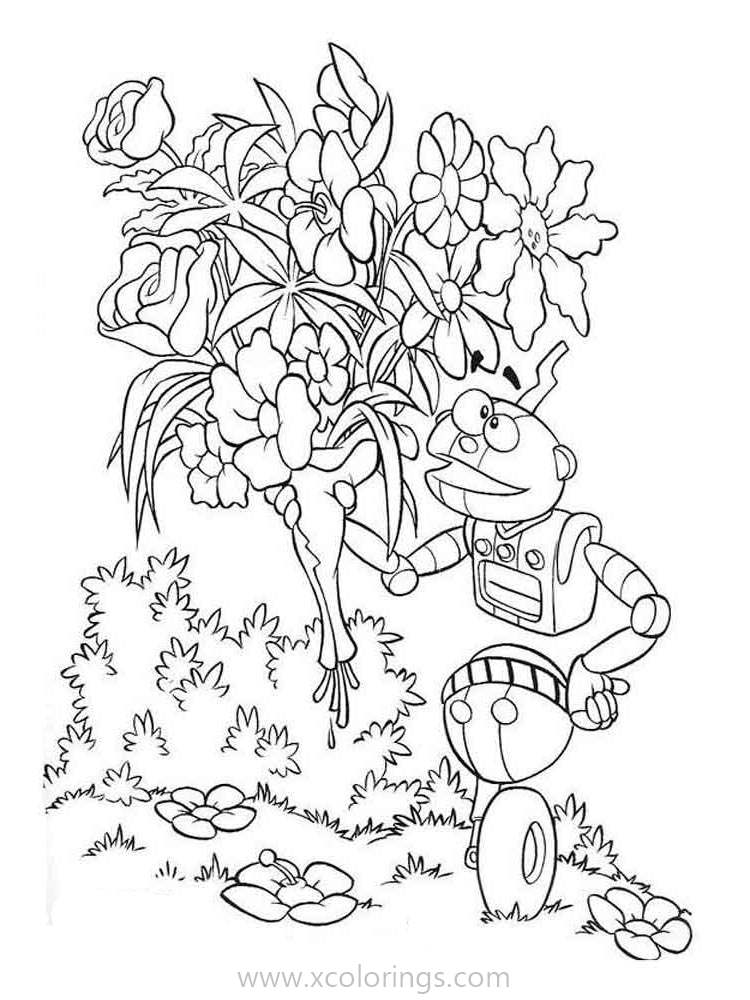 Free Adiboo Coloring Pages Robot and Flowers printable