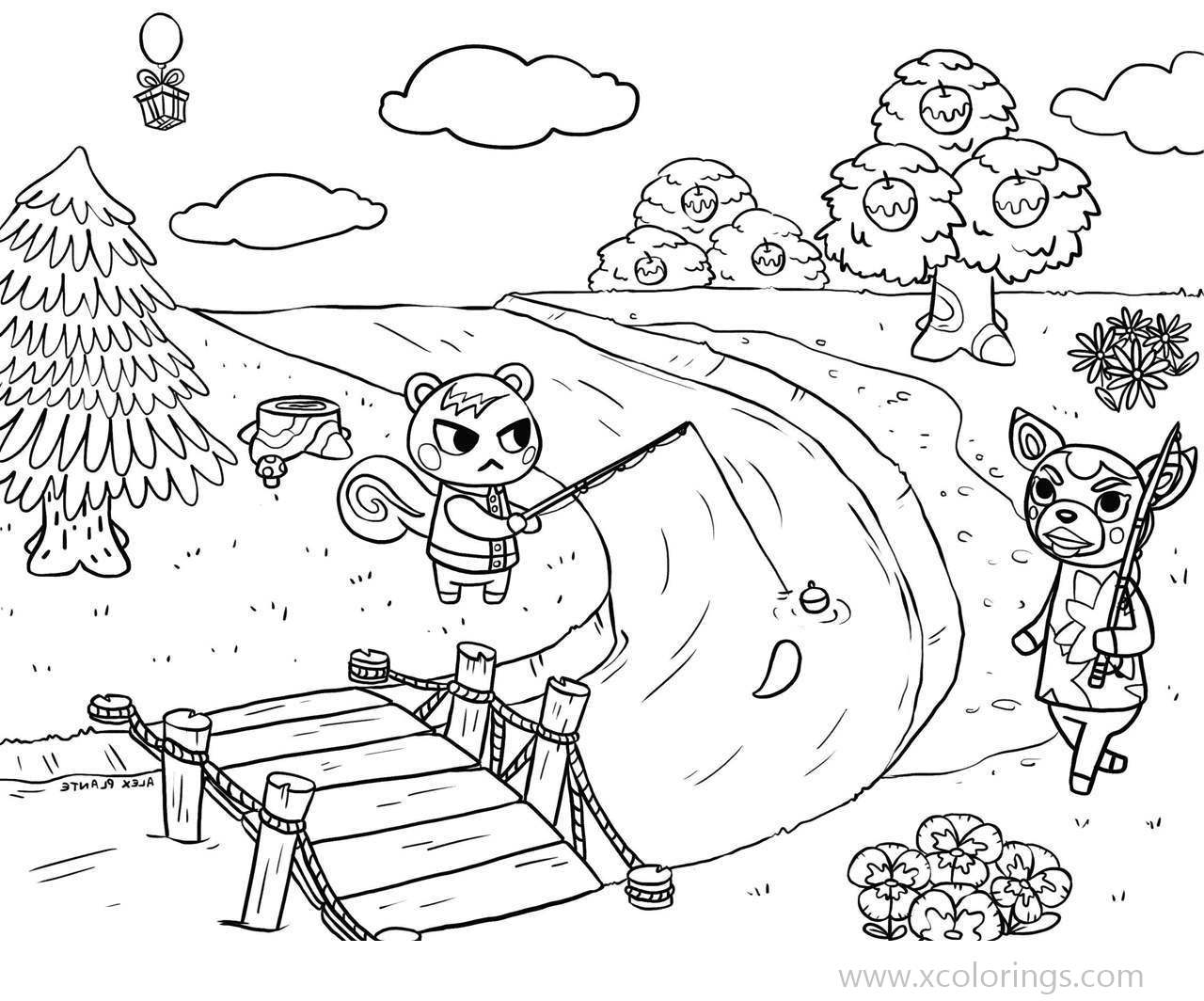 Free Animal Crossing Coloring Pages Fishing by the River printable