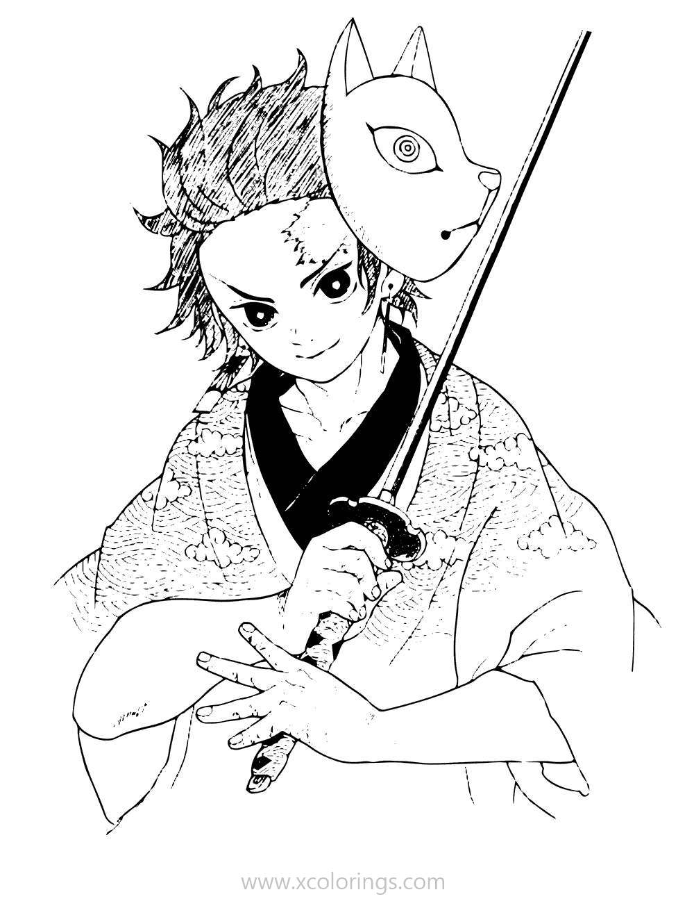 Free Demon Slayer Coloring Pages Tanjiro Kamado With Sword and Mask printable