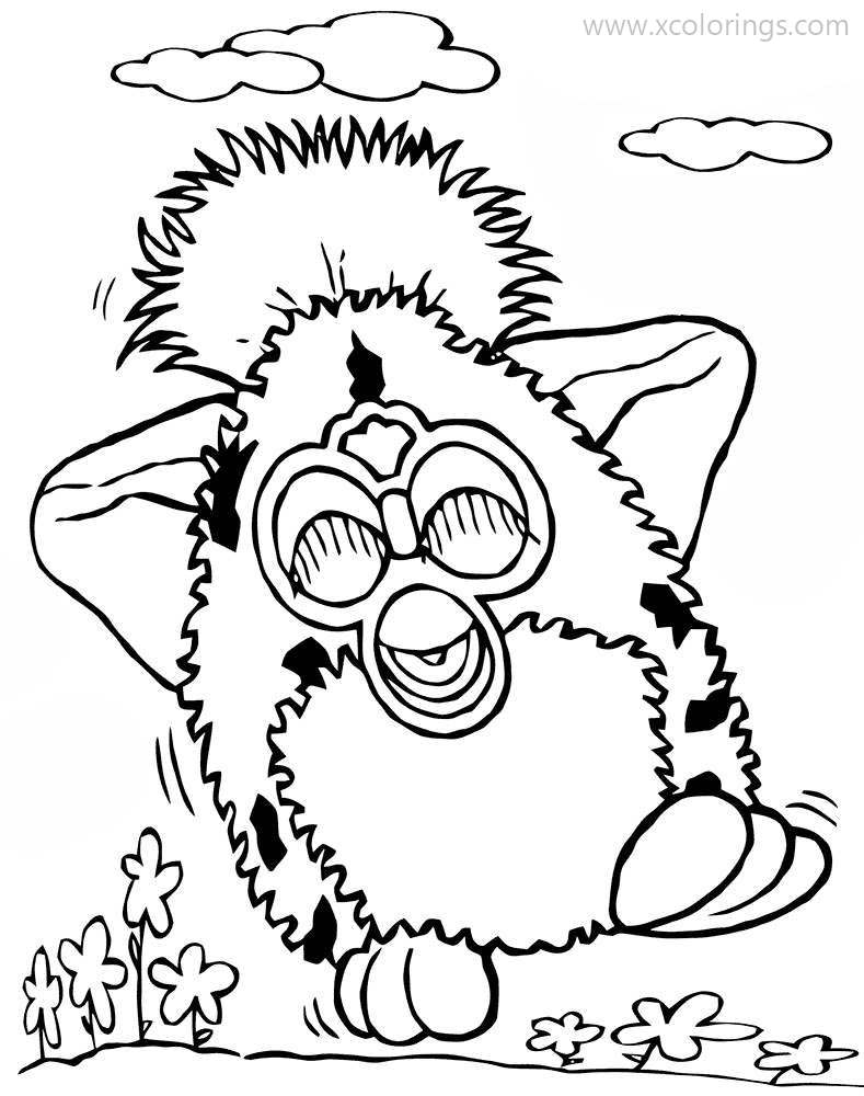 Free Furby Coloring Pages with Clouds and Flowers printable