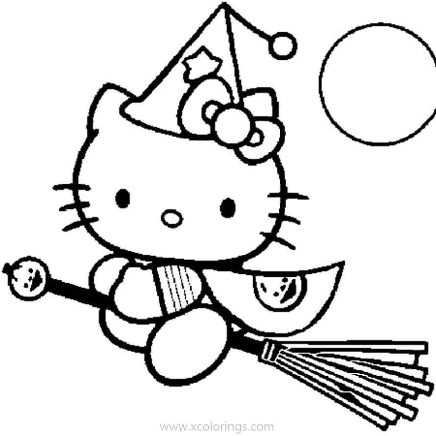 Free Hello Kitty Halloween Coloring Pages Witch and Moon printable