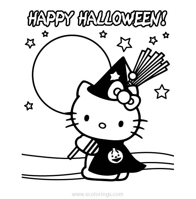 Free Hello Kitty Halloween Coloring Pages with Moon and Stars printable