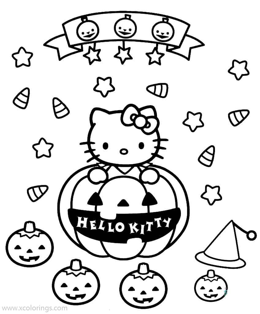Free Hello Kitty Halloween Coloring Pages with Pumpkin Icons printable