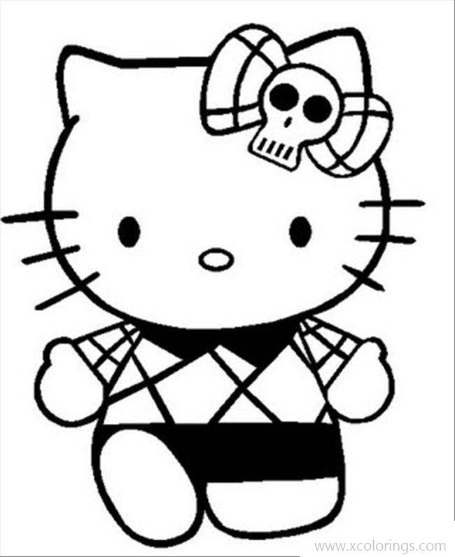 Free Hello Kitty Halloween Coloring Pages  with Skeleton Bow On Head printable