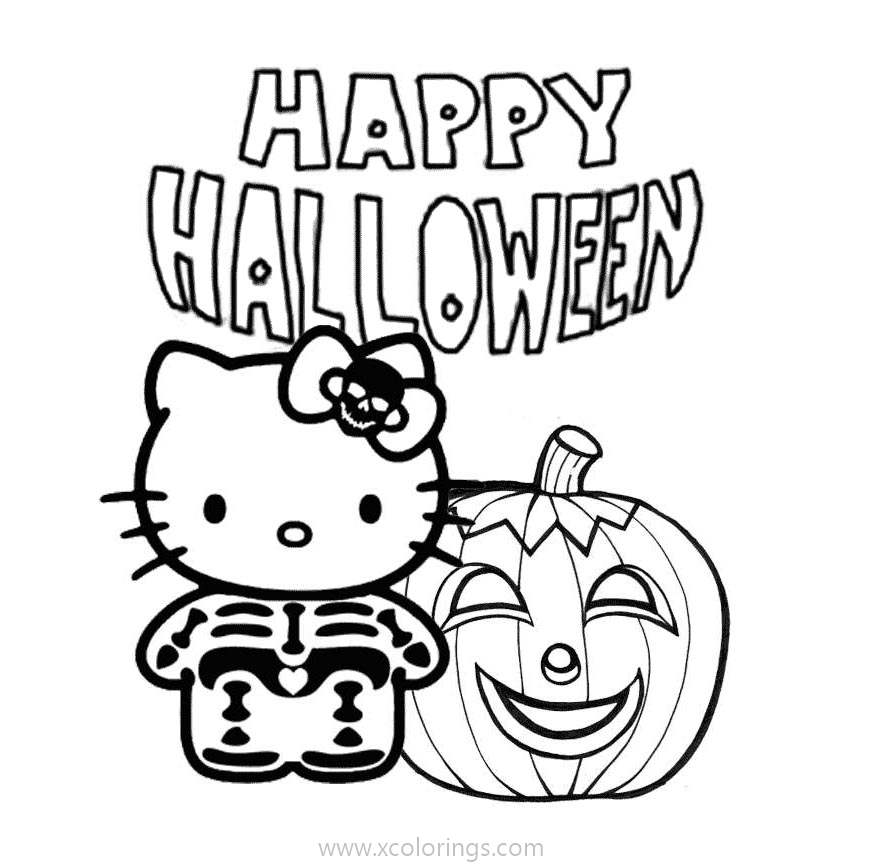 Free Hello Kitty Halloween Skelton Coloring Pages printable
