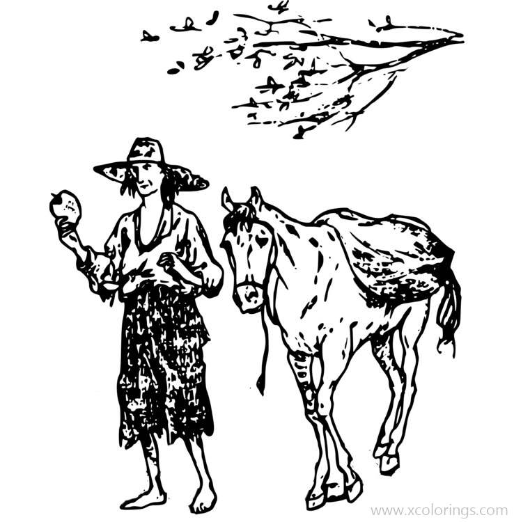 Free Johnny Appleseed Coloring Pages with a Horse printable