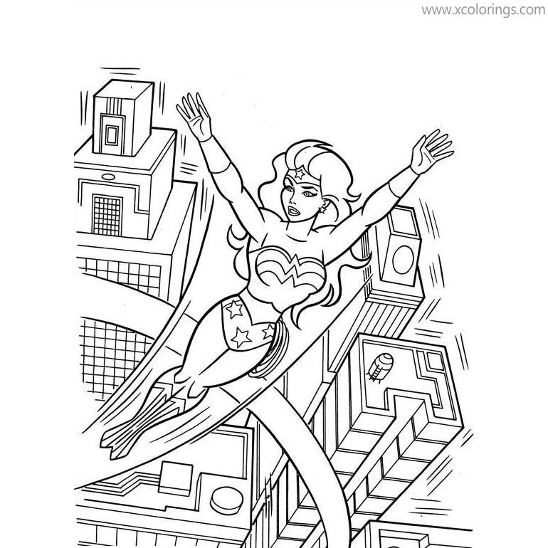 Free Animated Wonder Woman Coloring Pages Flying Over the Buildings printable