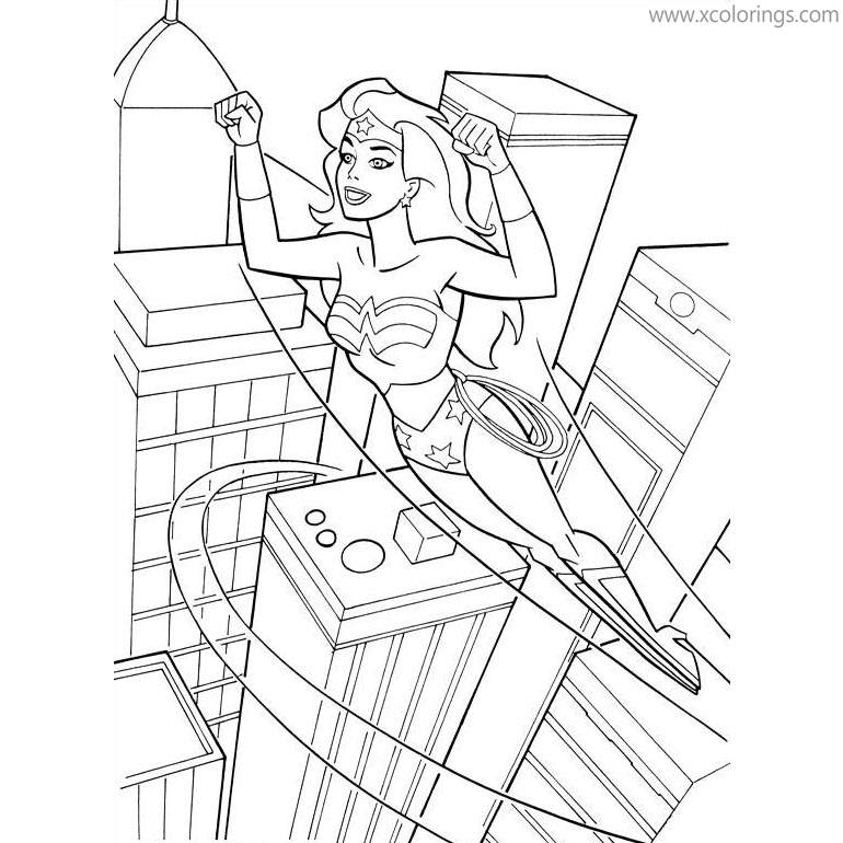 Free Animated Wonder Woman Coloring Pages Flying Over the City printable