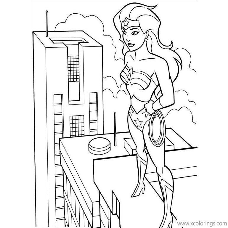 Free Animated Wonder Woman On the Top of the Building Coloring Pages printable